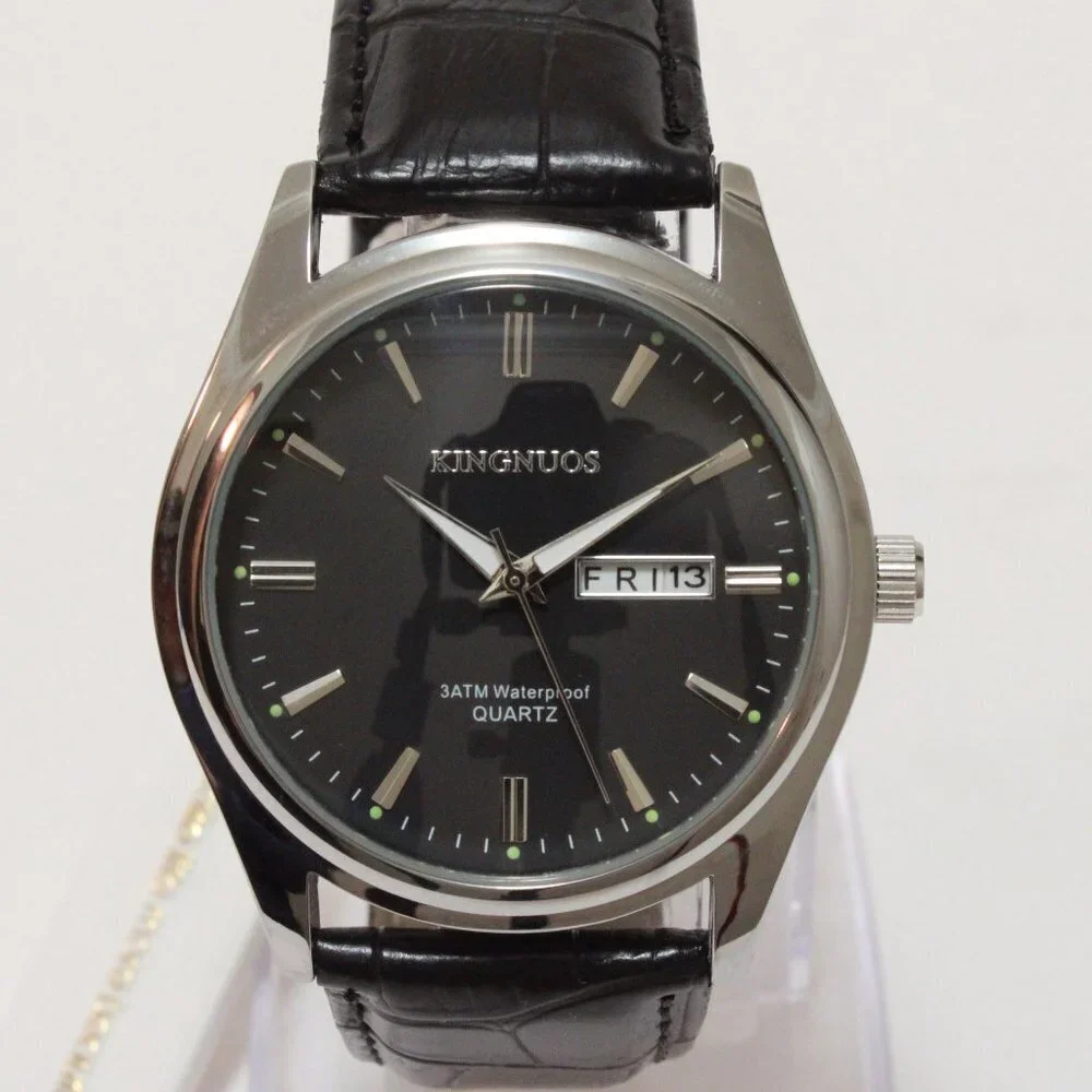 Men's Contemporary Dress Watch Silver Case Black Leather Watch Strap 40mm